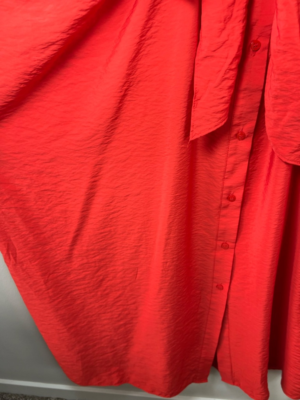H&M Front Tie Maxi Shirt Dress Red Crinkle Fabric Oversize Unlined Side Slits XL - Picture 9 of 15